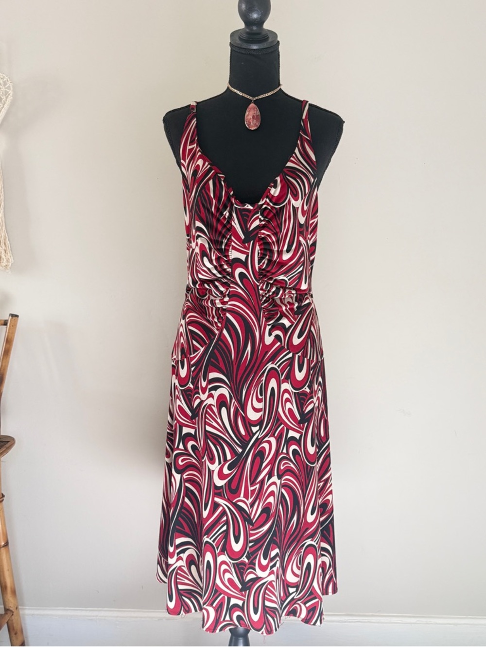 Scarlett Swirl-Print V-Neck Midi Dress in Burgundy, Black & White